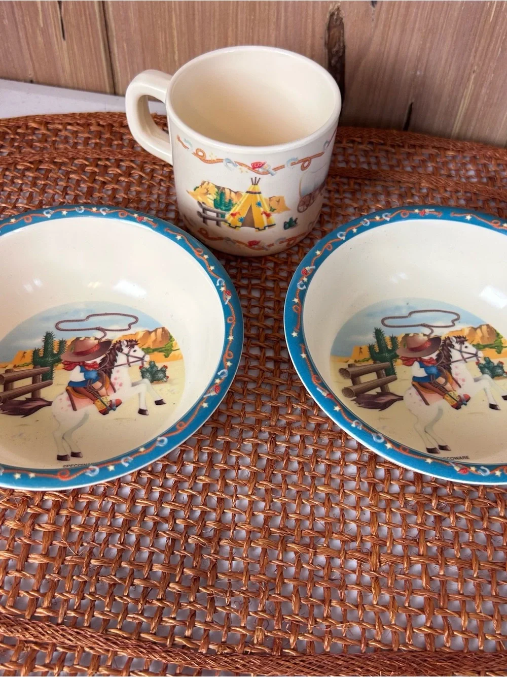 PECO Western Cowboy Melamine Mug and Bowls Set Kids Dinnerware 1980’s